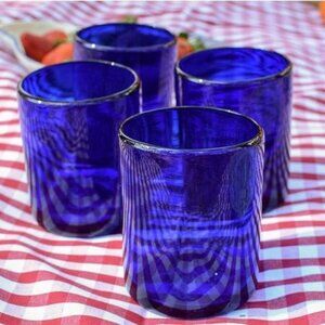 Double Old Fashioned Cobalt Blue Set of Four (4) Hand Blown Glasses Tumblers